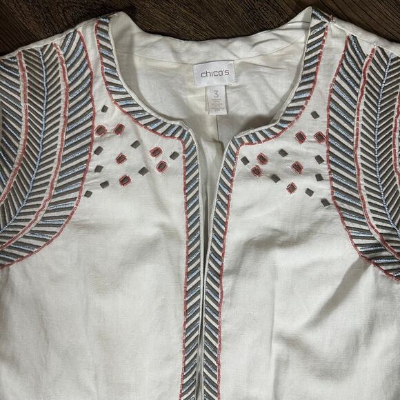 CHICOS Artisan Cropped Boho Jacket sz3 Cream Embroidered Beaded Tribal - Picture 2 of 12